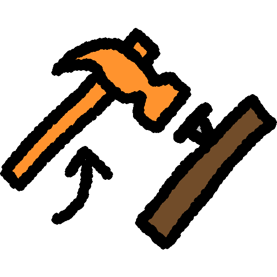 An orange hammer strikes a nail on a brown board.